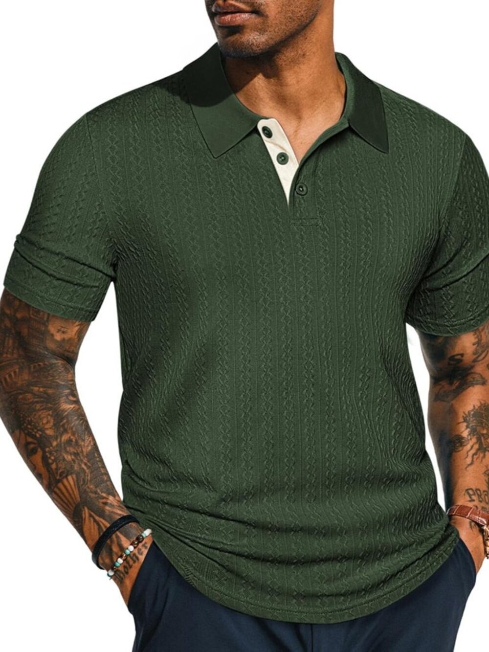 Men's Army Green Textured Short Sleeve Polo Top  Casual Vintage Summer Shirt